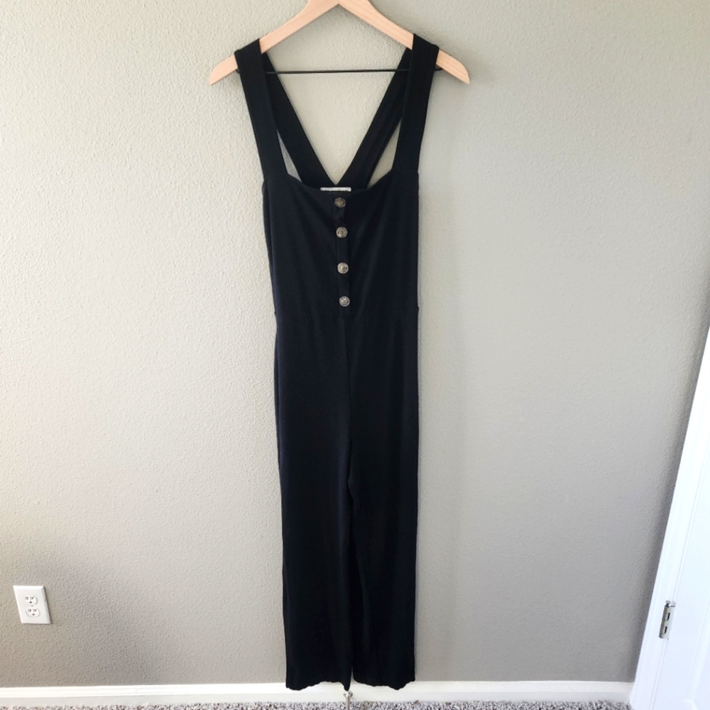 Reformation Landry Jumpsuit Medium Black Ribbed Knit Square Neck Button Lyocell - Picture 2 of 11